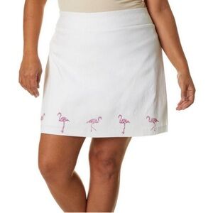 Coral bay cotton white skirt with flamingo rhinestone designs.